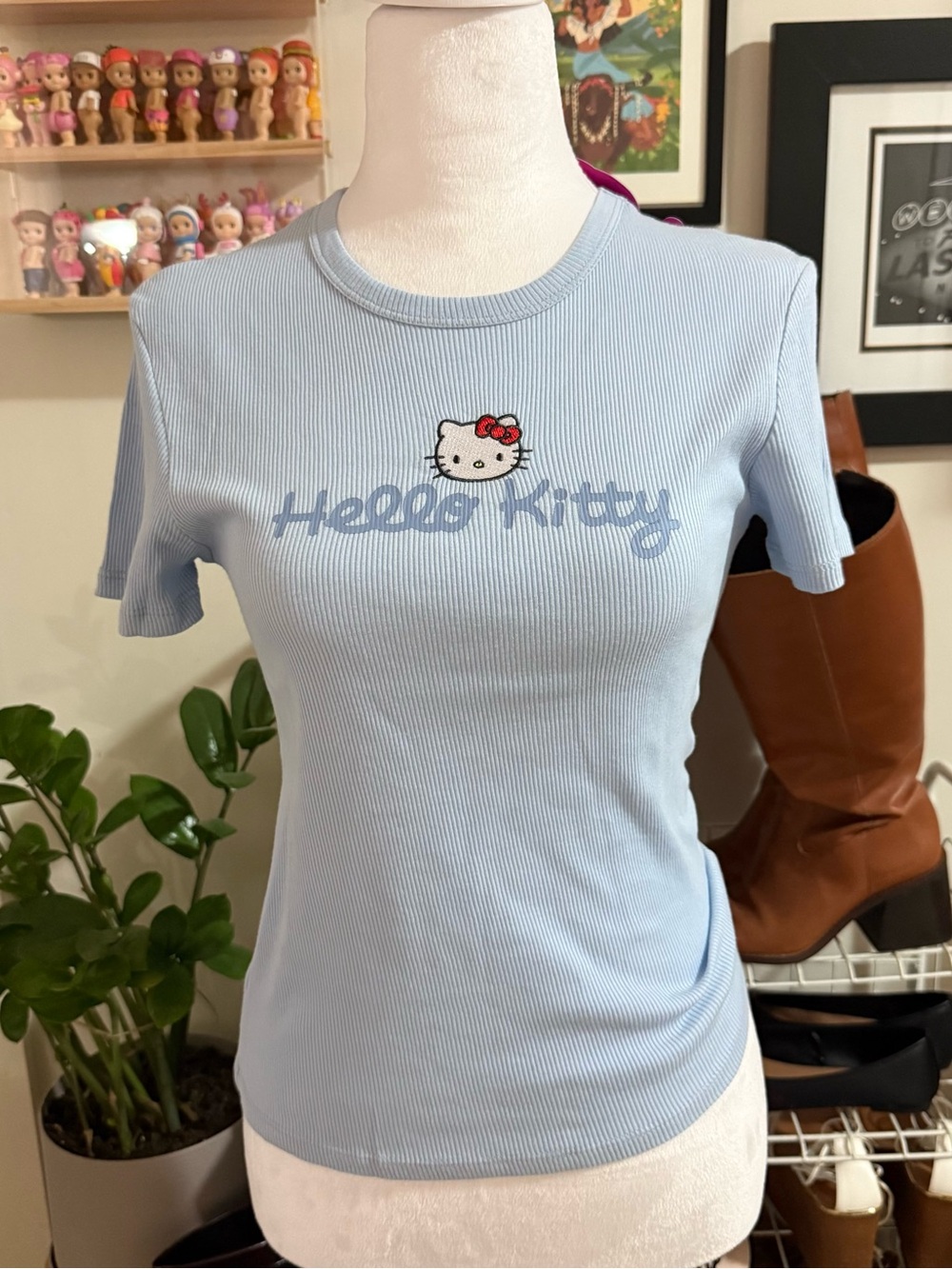 Hello Kitty Pastel Blue Ribbed Tee with Embroidered Motif